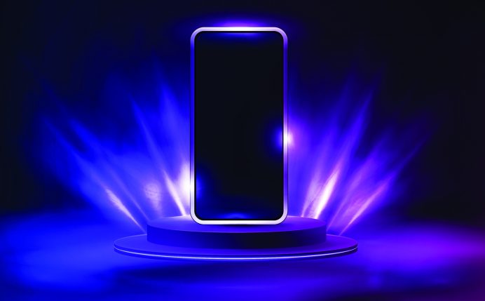 Smartphone on podium with lighting of spotlights, 3d realistic vector illustration.